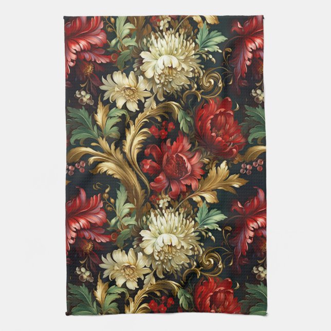 Vintage Christmas fantasy Floral Pattern Kitchen Towel (Vertical)