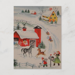 Vintage Christmas farm holiday postcard