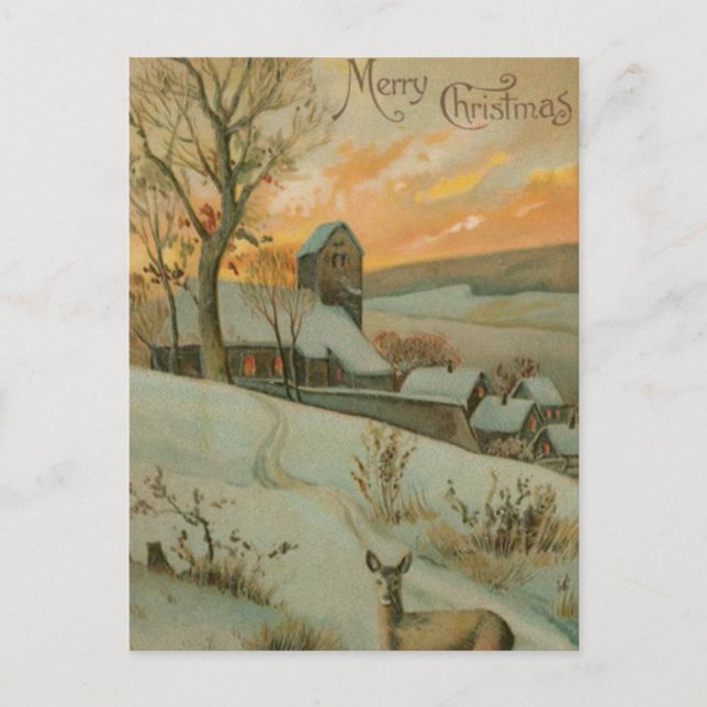 Vintage Christmas Farm with Deer Holiday Postcard (Front)