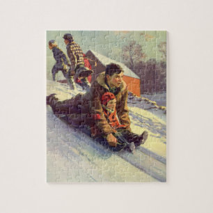 Vintage Christmas, Father and Daughter Sledding Jigsaw Puzzle