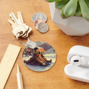 Vintage Christmas, Father and Daughter Sledding Keychain