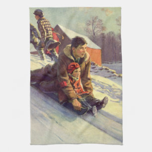Vintage Christmas, Father and Daughter Sledding Kitchen Towel