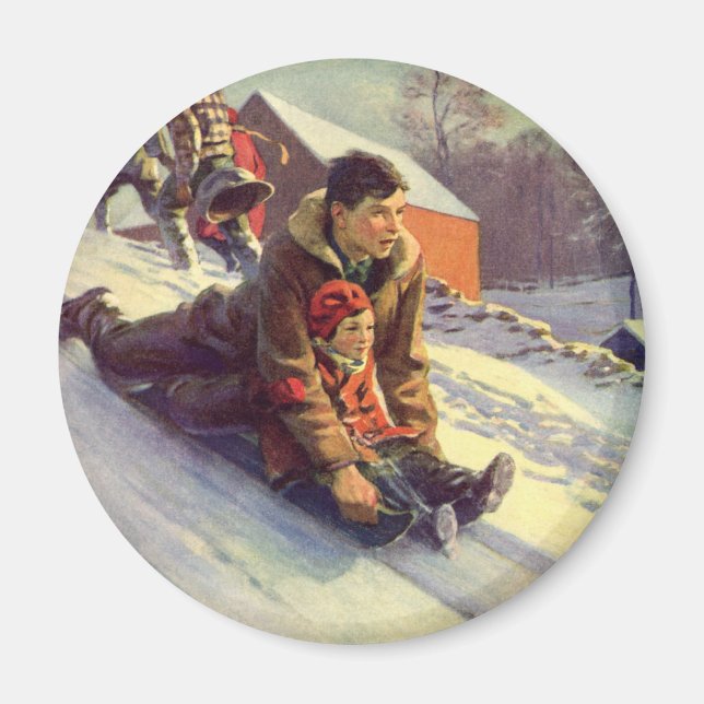 Vintage Christmas, Father and Daughter Sledding Magnet (Front)