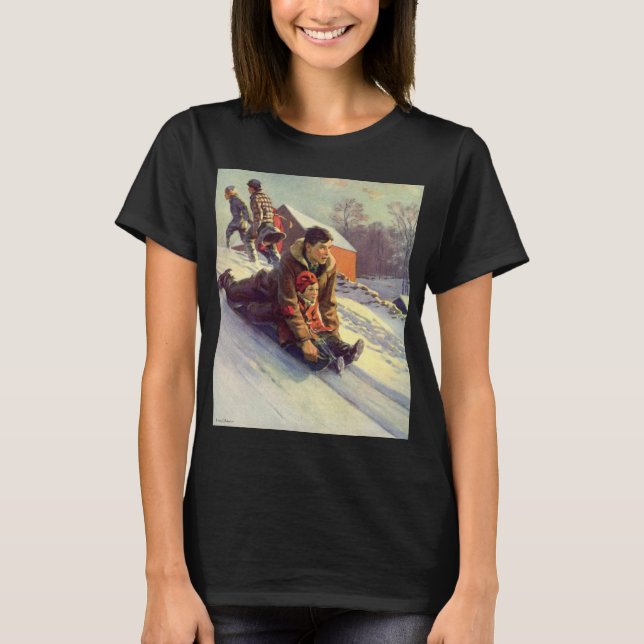 Vintage Christmas, Father and Daughter Sledding T-Shirt (Front)