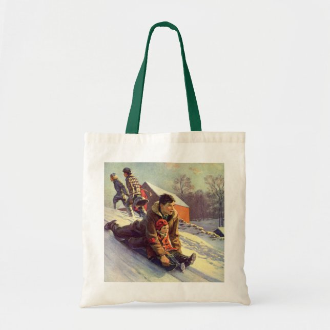 Vintage Christmas, Father and Daughter Sledding Tote Bag (Front)