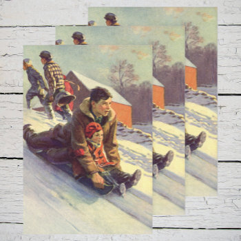 Vintage Christmas  Father And Daughter Sledding Wrapping Paper Sheets by ChristmasCafe at Zazzle