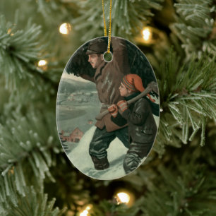 Vintage Christmas, Father and Son Cut Down a Tree Ceramic Ornament