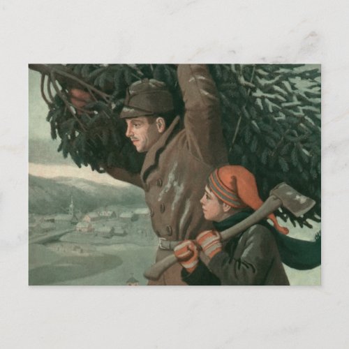 Vintage Christmas Father and Son Cut Down a Tree Holiday Postcard