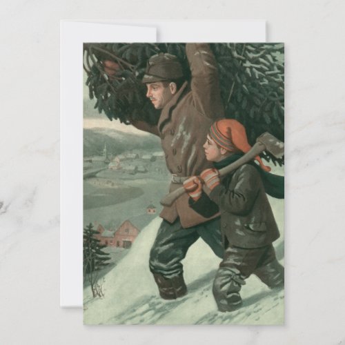 Vintage Christmas Father and Son Cut Down a Tree Invitation