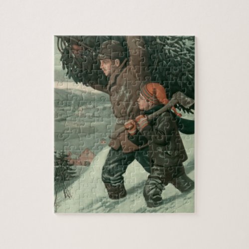 Vintage Christmas Father and Son Cut Down a Tree Jigsaw Puzzle