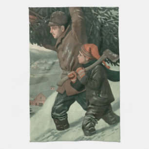 Vintage Christmas, Father and Son Cut Down a Tree Kitchen Towel