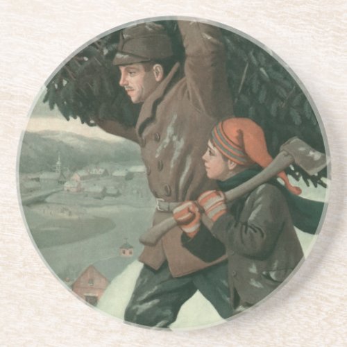 Vintage Christmas Father and Son Cut Down a Tree Sandstone Coaster