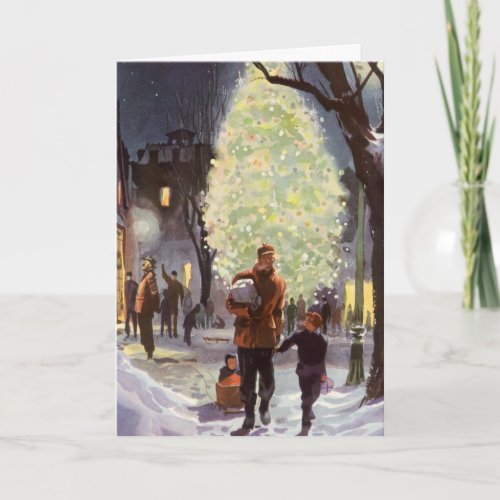 Vintage Christmas Father Shopping with the Kids Holiday Card