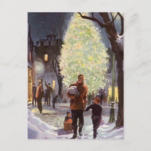 Vintage Christmas Father Shopping with the Kids Holiday Postcard