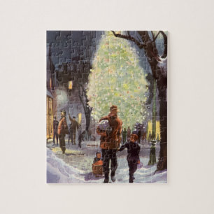 Vintage Christmas, Father Shopping with the Kids Jigsaw Puzzle