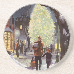 Vintage Christmas, Father Shopping with the Kids Sandstone Coaster