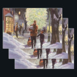 Vintage Christmas, Father Shopping with the Kids Wrapping Paper Sheets<br><div class="desc">Vintage illustration Merry Christmas holiday image featuring a father taking his children out shopping for gifts and presents on Christmas Eve. A large white decorated Christmas tree is in the town square. One son is being pulled in a sled though the snow on the city sidewalk.</div>