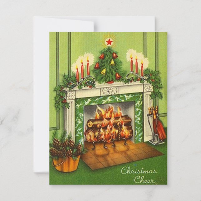 Vintage Christmas Fireplace Holiday Card (Front)