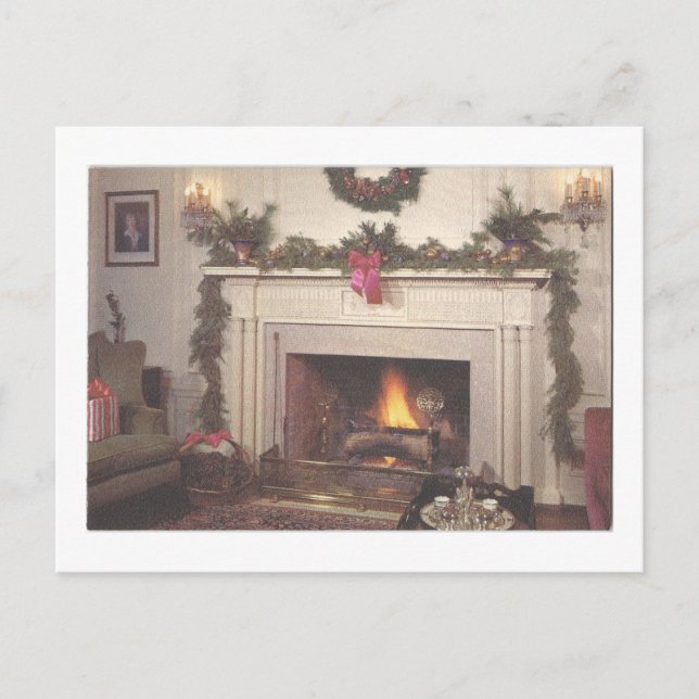 Vintage Christmas Fireplace Holiday Postcard (Front)