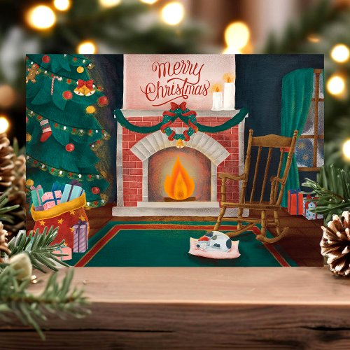 Vintage Christmas Fireplace Scene Holiday Postcard