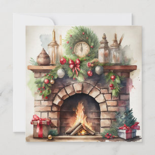 Vintage Christmas Fireplace with Decorations Holiday Card