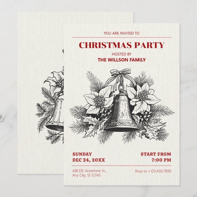 Vintage Christmas floral bells  Invitation (Front/Back)