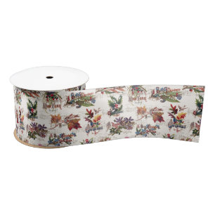Vintage Christmas Floral w/Music and Ornate Text Satin Ribbon