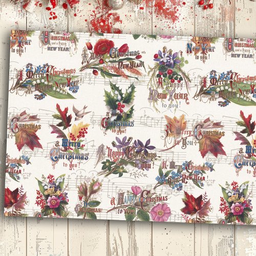 Vintage Christmas Floral wMusic and Ornate Text Tissue Paper