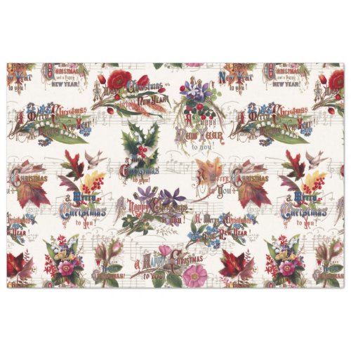 Vintage Christmas Floral wMusic and Ornate Text Tissue Paper