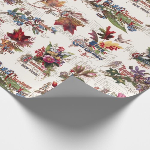 Vintage Christmas Floral wMusic and Ornate Text Wrapping Paper