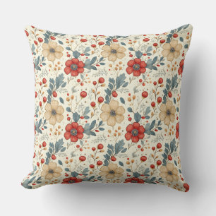 Vintage Christmas Floral with Holly & Red Berries Throw Pillow