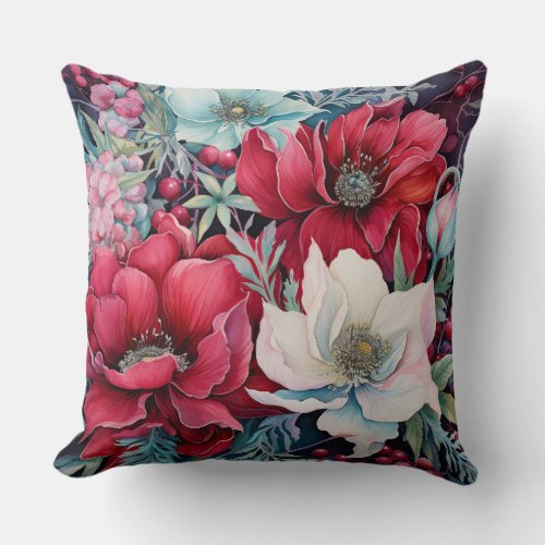 Vintage Christmas Florals Botanical Throw Pillow