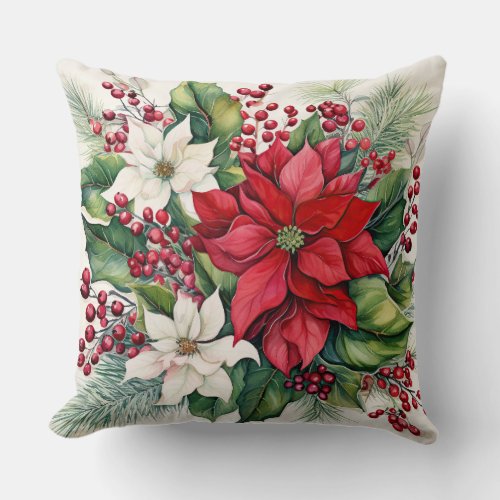 Vintage Christmas Florals Botanical Throw Pillow