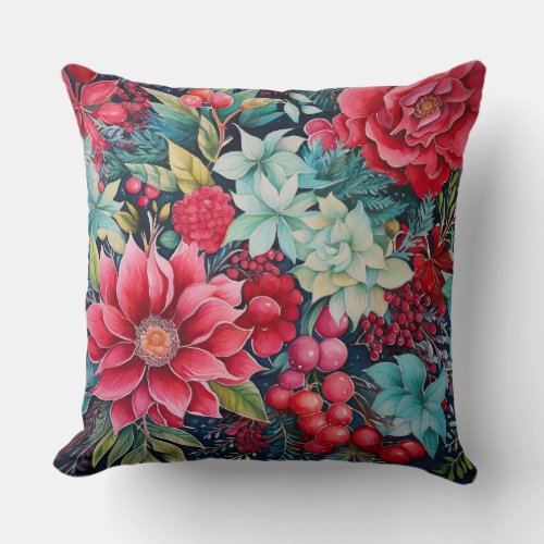 Vintage Christmas Florals Botanical Throw Pillow