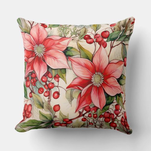 Vintage Christmas Florals Botanical Throw Pillow