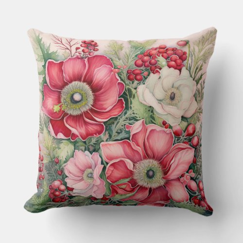 Vintage Christmas Florals Botanical Throw Pillow