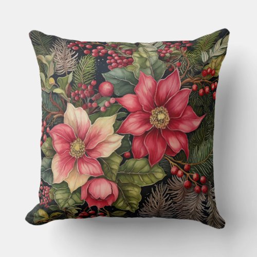 Vintage Christmas Florals Botanical Throw Pillow