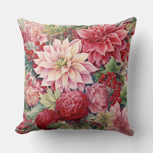 Vintage Christmas Florals Botanical Throw Pillow