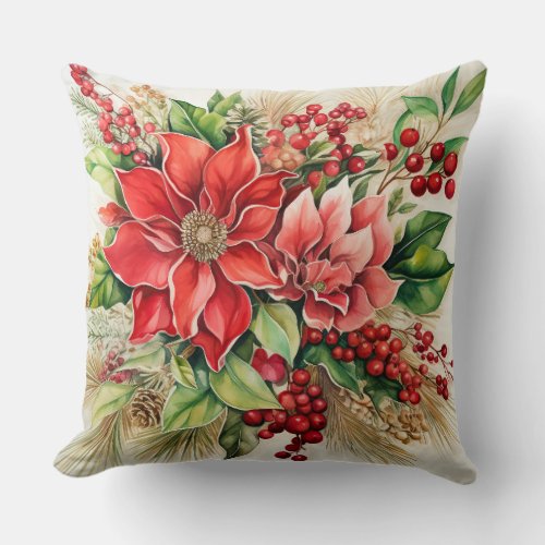 Vintage Christmas Florals Botanical Throw Pillow