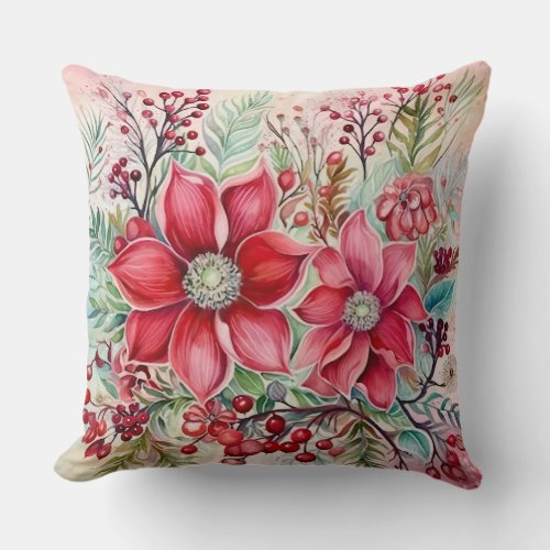 Vintage Christmas Florals Botanical Throw Pillow