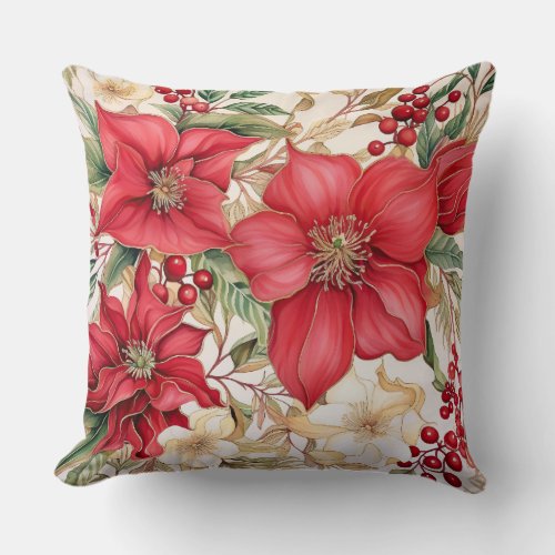 Vintage Christmas Florals Botanical Throw Pillow