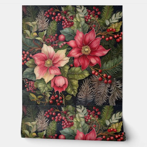 Vintage Christmas Flowers Botanical Wallpaper