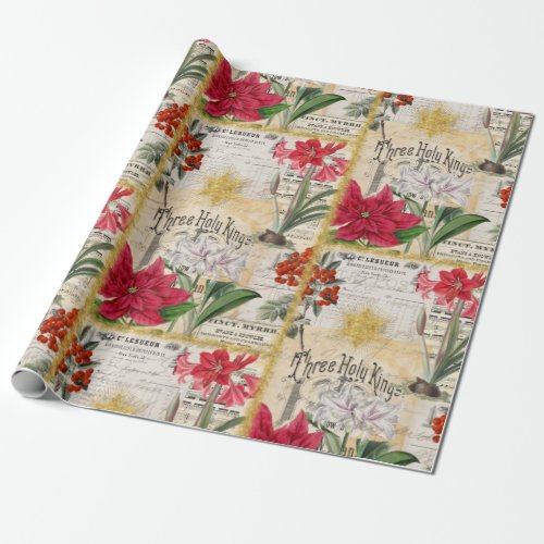 Vintage Christmas Flowers Gold Holly and Ephemera Wrapping Paper