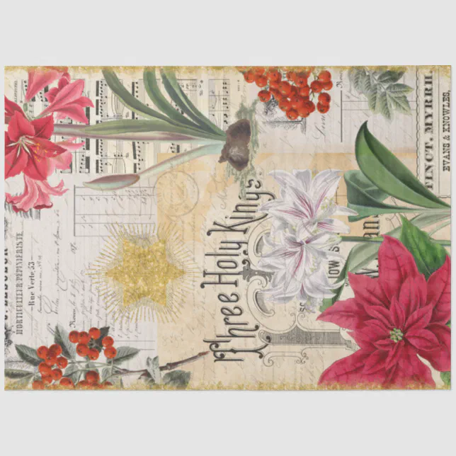 Vintage Christmas Flowers Holly Ephemera Decoupage Tissue Paper | Zazzle
