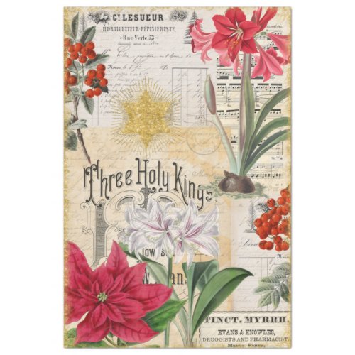 Vintage Christmas Flowers Holly Ephemera Decoupage Tissue Paper