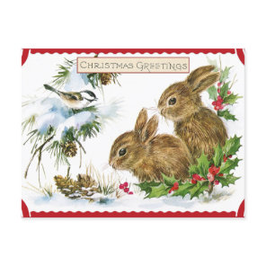 Vintage Christmas Forest Bunnies and Bird Nature  Holiday Postcard