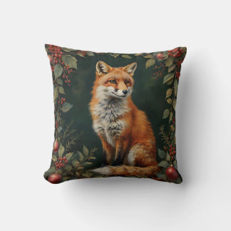 Vintage Christmas Fox with Botanical Accent Throw Pillow