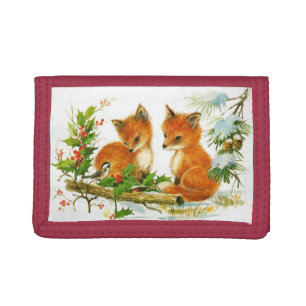 Vintage Christmas Foxes Tri-fold Wallet