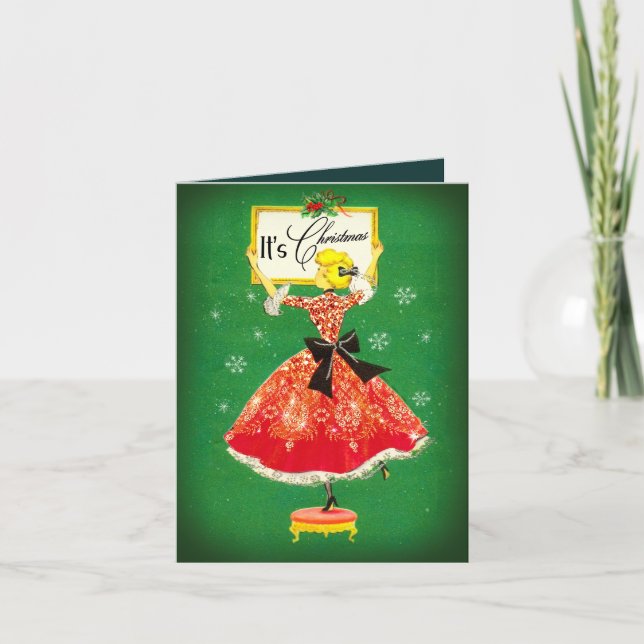 Vintage Christmas frame green red glitter girl  Invitation (Front)