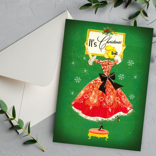 Vintage Christmas frame green red glitter girl Invitation